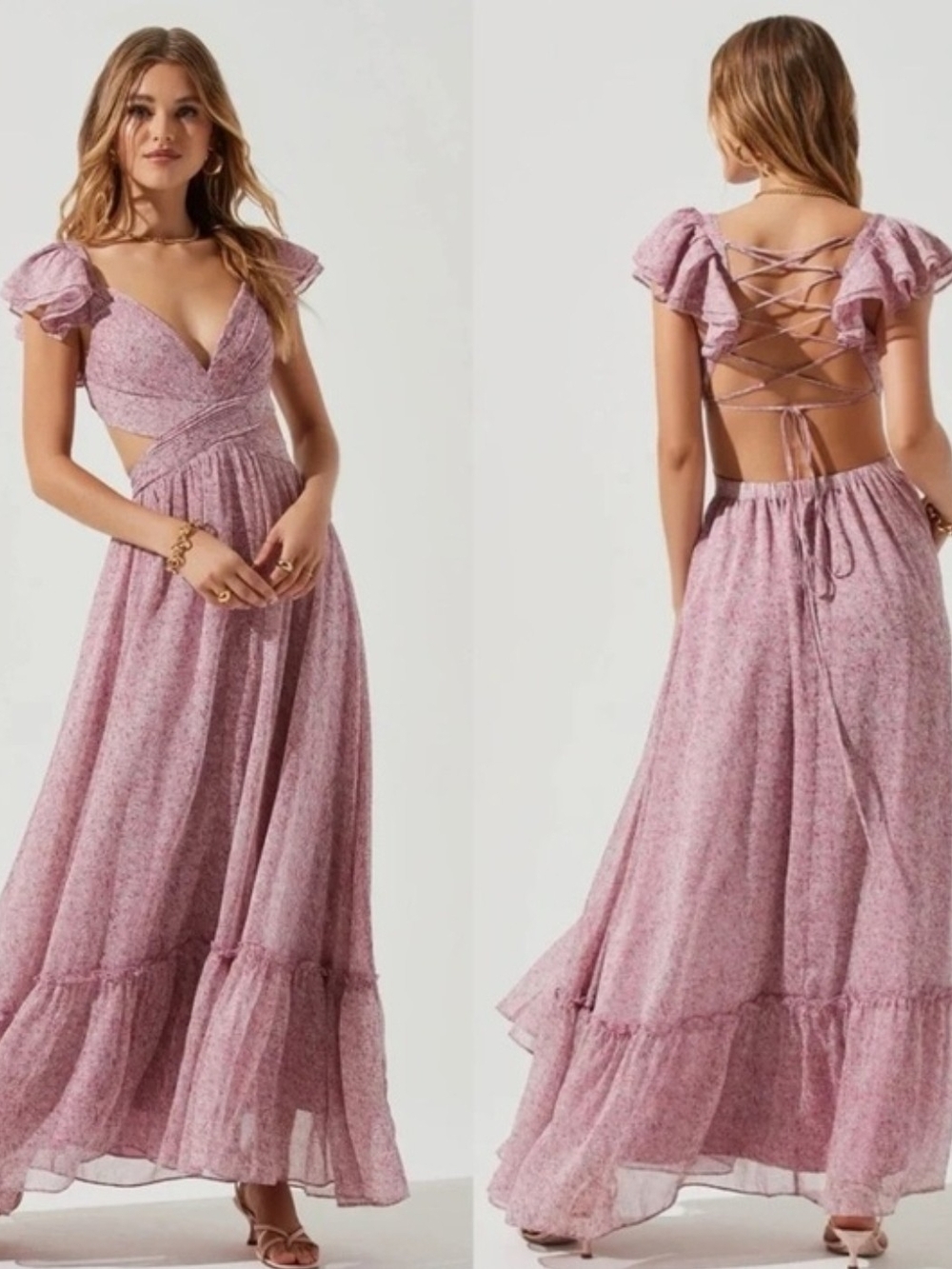 Astr Lavender Pink Floral Lace-Up Back Maxi Dress